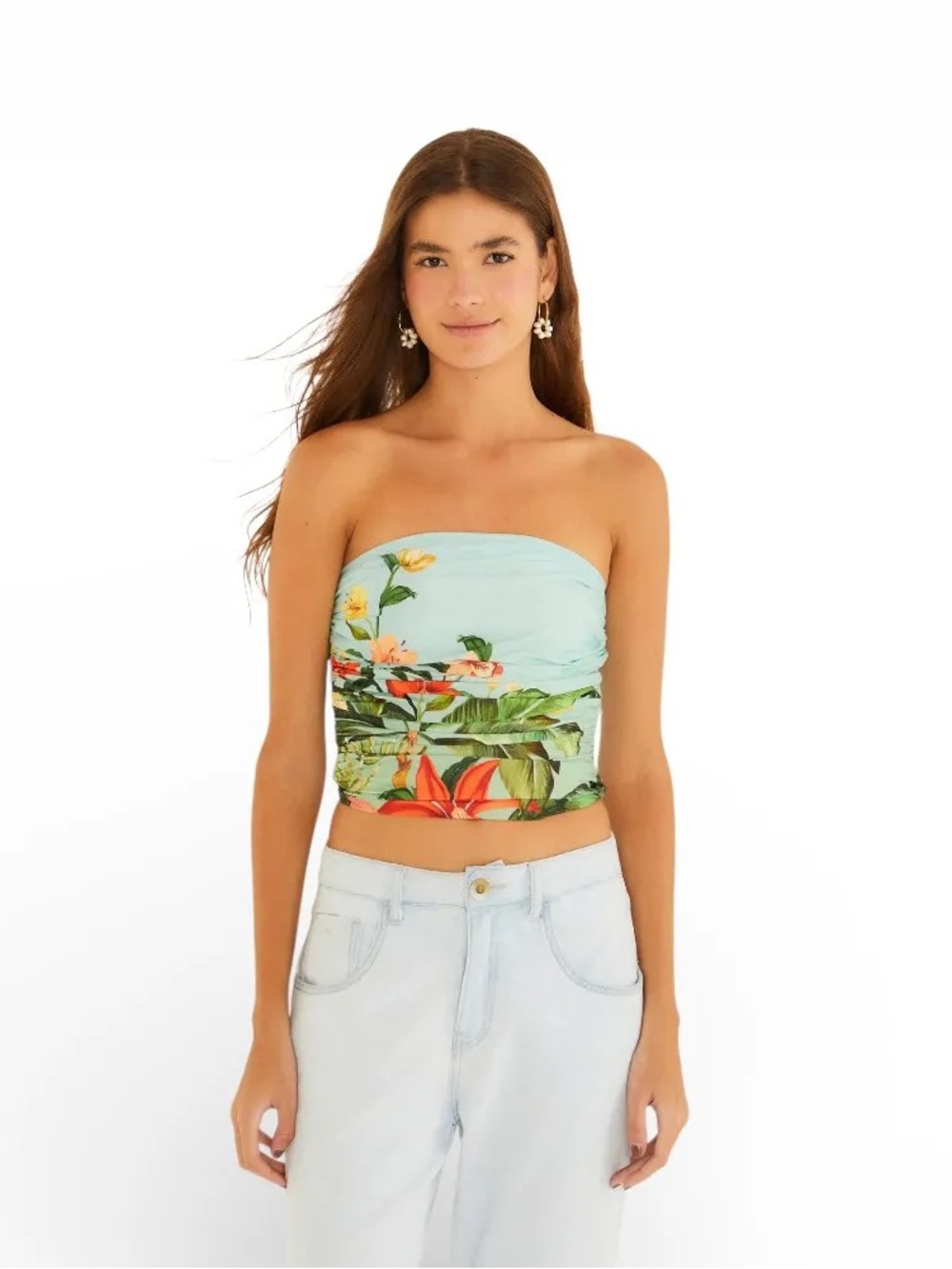 FARM Rio Strapless Tropical Print Crop Top in Light Blue